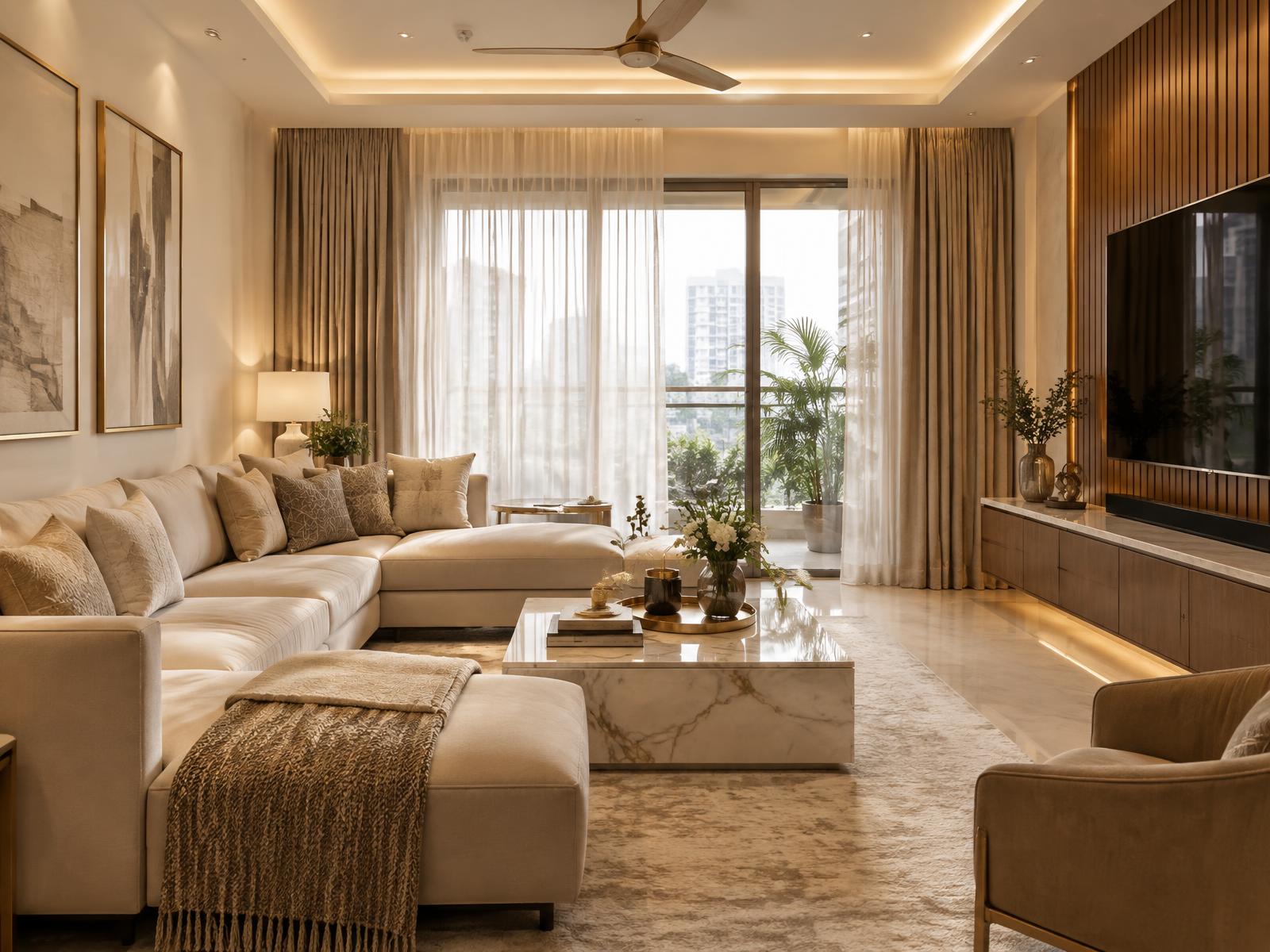 Warm contemporary living room with marble and teak detailing